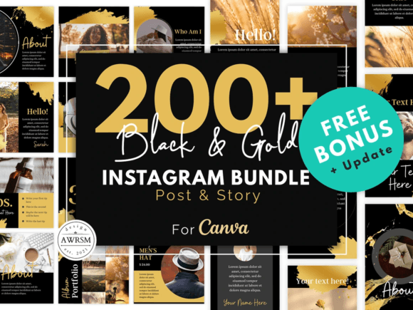200 Black Gold Instagram Template Bundle